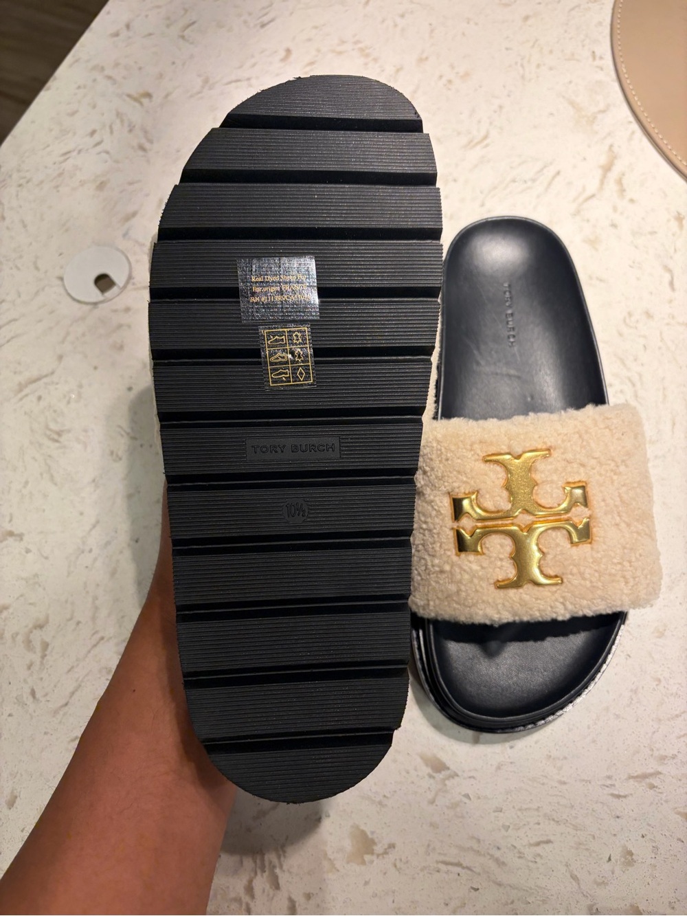 Tory Burch Cream Shearling Slides with Gold Logo on Black Footbed - Picture 2 of 2